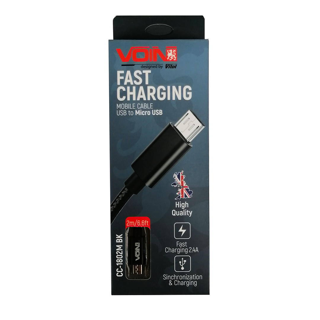 Кабель USB - Micro USB 3А Black 2м (швидка зарядка/передача даних) Voin